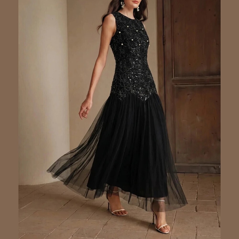 Black Sequin Floral Beaded Pearl Mesh Tulle Maxi Dress